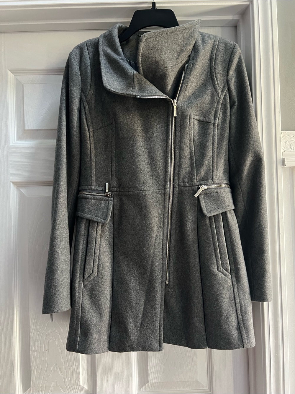 Laundry By Shelli Segal Gray Asymmetrical Zip Wool-Blend Pea Coat